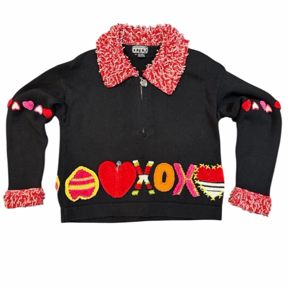 Y2K Berek Valentine’s Day Sweater – Heart Appliqué & XOXO Design (Size Small)